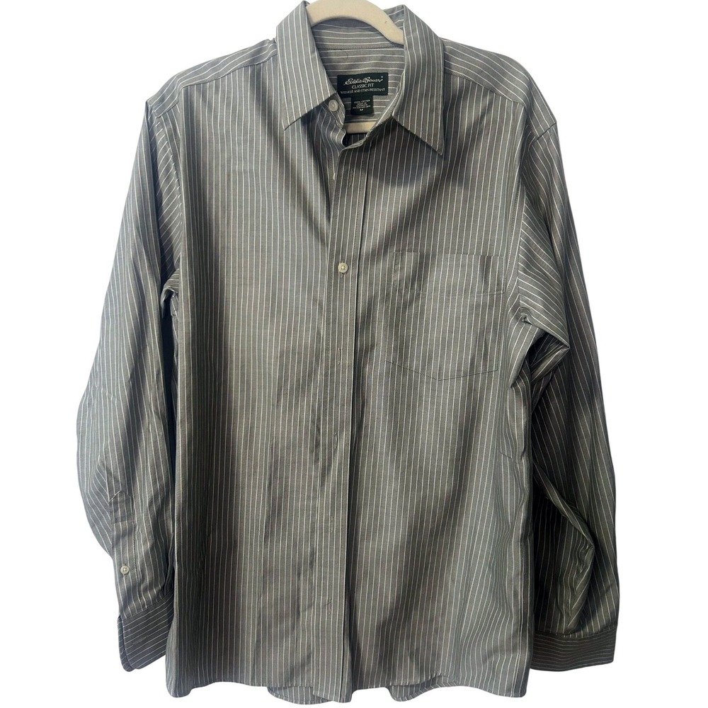 Eddie Bauer Mens Classic Fit Grey Pinstripe Button Down Shirt Stain Resistant M